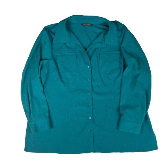 Addition Elle Blouse Teal Turquoise Crinkle Button-Up Silk-Look Women's 24 Plus - Picture 1 of 9